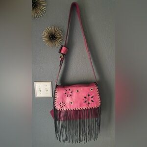 Sharif Vintage Leather Fringe Shoulder Bag Pink Cutout Boho 90s HTF